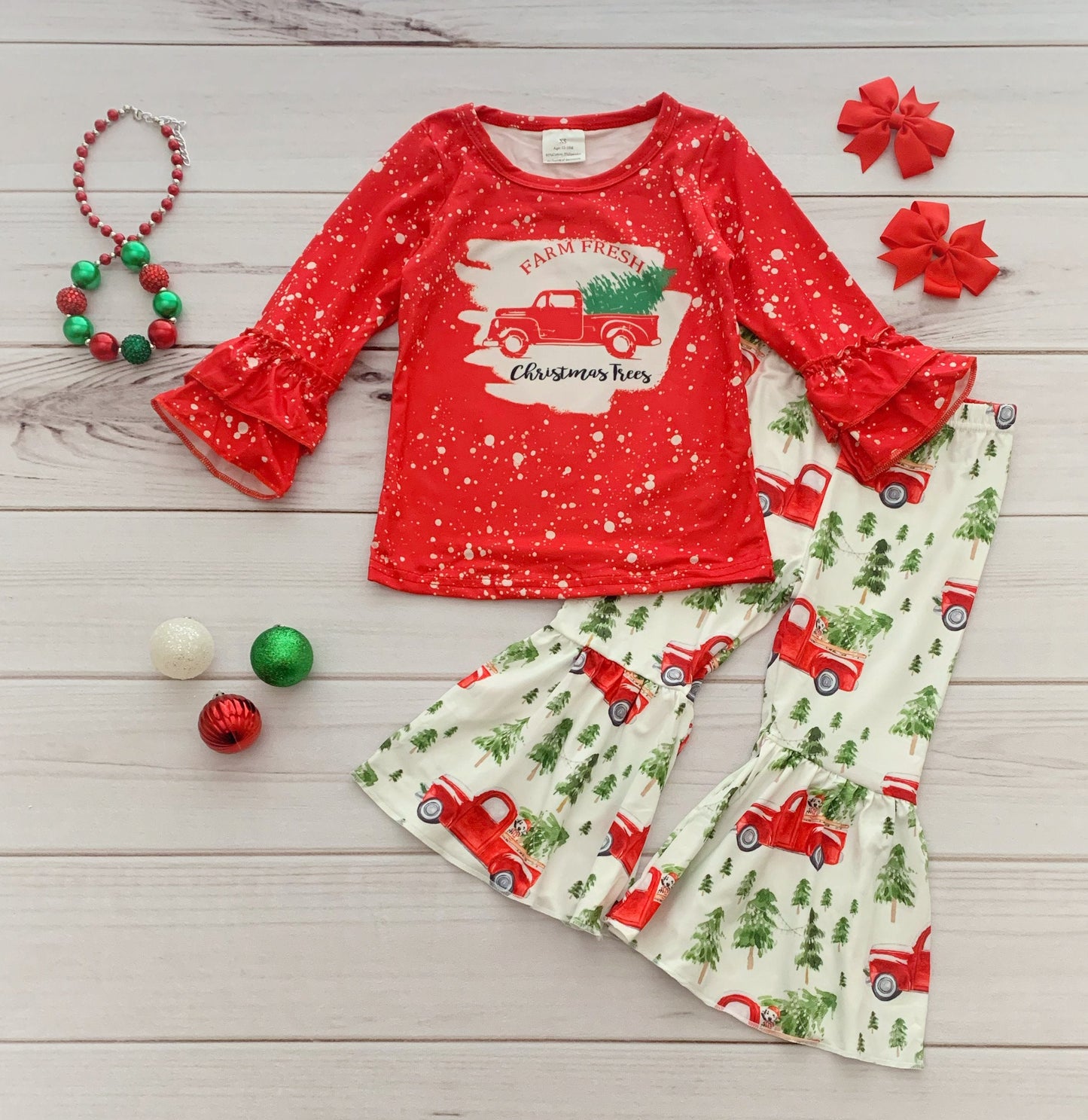 6 A17-29 Christmas Tree Car Red Girls Long Sleeve Bell Bottom Pants Outfits