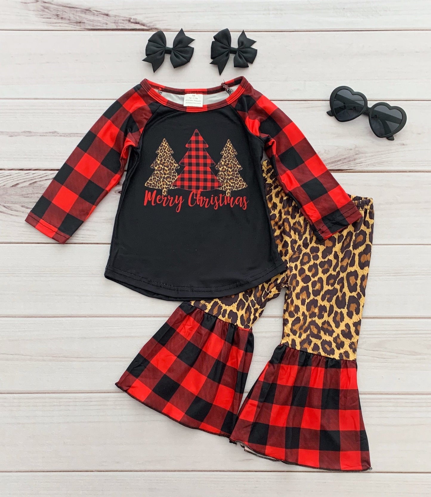 6 B12-38 Merry Christmas Tree Leopard Red Black Plaid Girls Long Sleeve Bell Bottom Pants Outfits