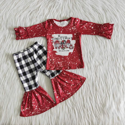 Adorable Christmas Long Ruffles Sleeve Bleach Design Plaid Print Pants Outfits