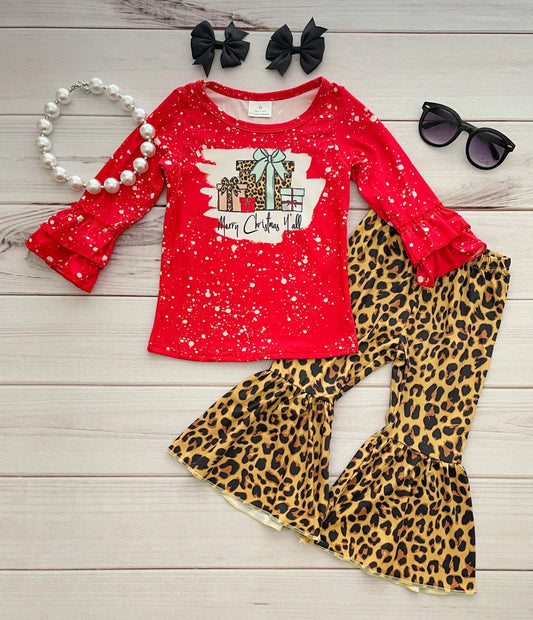 Clearance 6 A26-12 Merry Christmas Gift Red Bleach Leopard Girls Long Sleeve Bell Bottom Pants Outfits