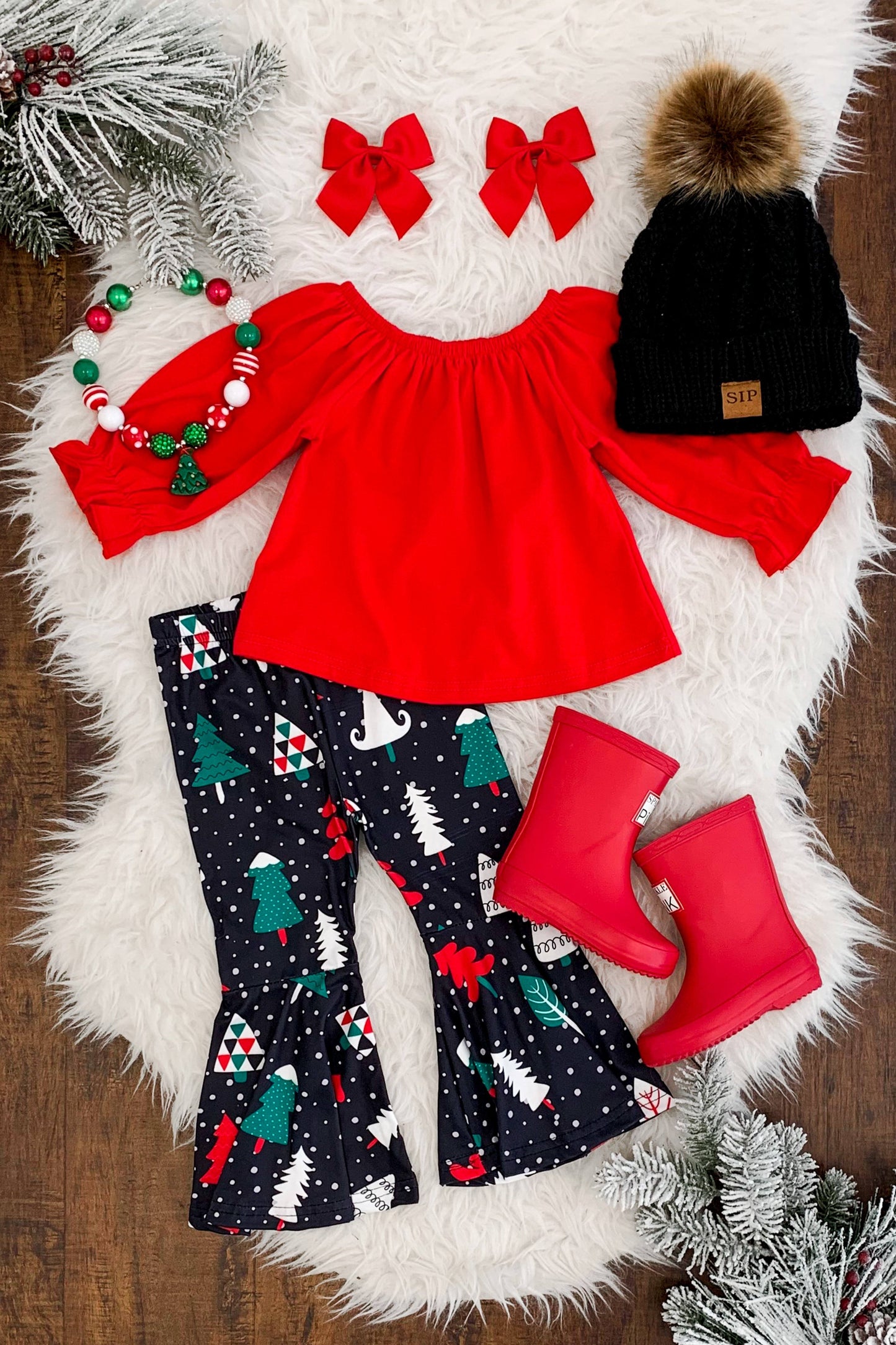 Clearance 6 A24-5  Christmas Tree Red Off Shoulder Print  Girls Long Sleeve Bell Bottom Pants Outfits