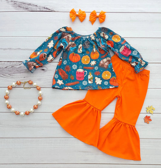 2021 New Arrival Fall Pumpkin Off Shoulder Design Cotton Pants Outfits