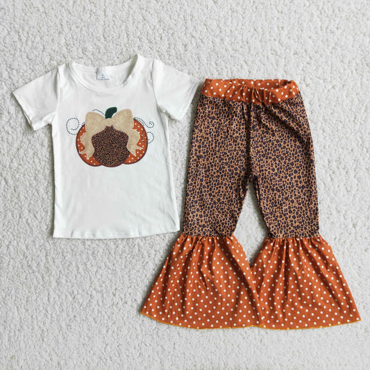 C10-14 Halloween Pumpkin Leopard Print Girls Short Sleeve Bell Bottom Pants Outfits