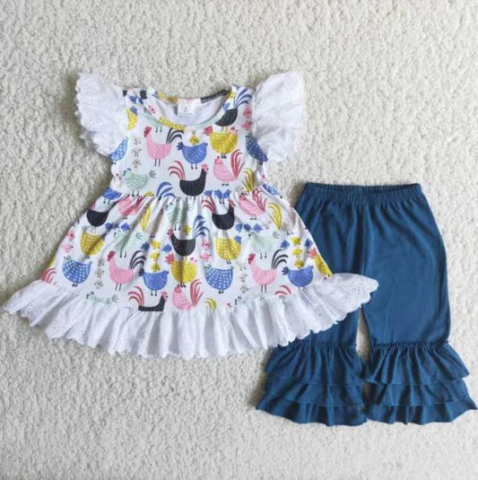 A14-1 Clearance Blue Chichken Girls Short Sleeve Bell Bottom Pants Outfits