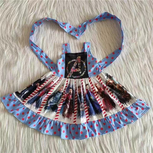 Clearance A1-10 Pink Blue Cat Cartoon Belt Patchwork Girls Short Sleeve Dresses