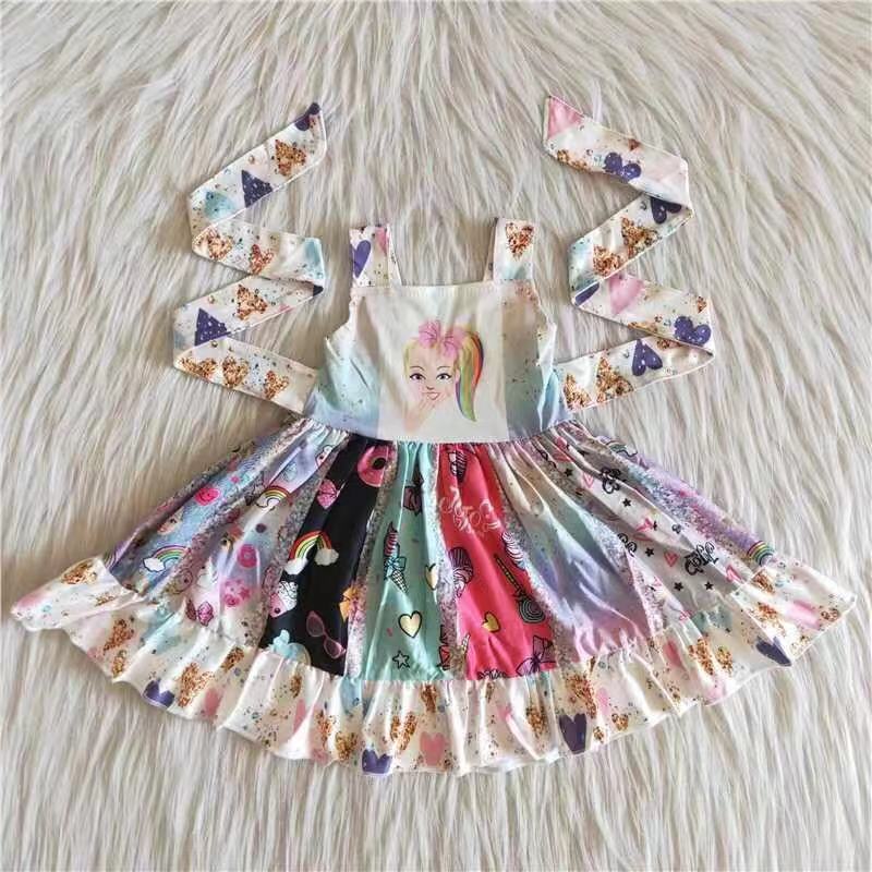 Clearance C9-15 Pink Blue Cat Cartoon Belt Patchwork Girls Short Sleeve Dresses