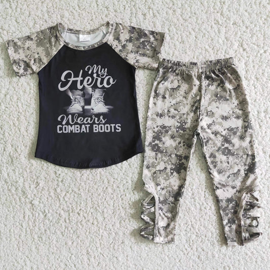 Clearance Girls Short Sleeve Camo Print Boots Outfits