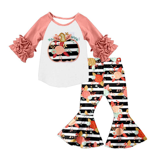 Clearance 6 A4-15 Halloween Pink Pumpkin Ruffles Striped Floral Girls Long Sleeve Bell Bottom Pants Outfits