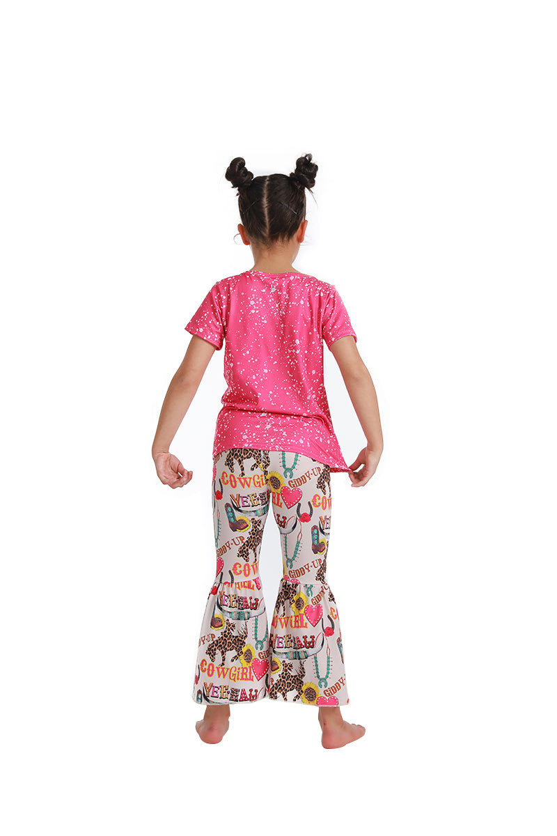 C1-27 Hot Pink Bleach Cowgirl Cool Rodeo Girls Short Sleeve Pants Outfits