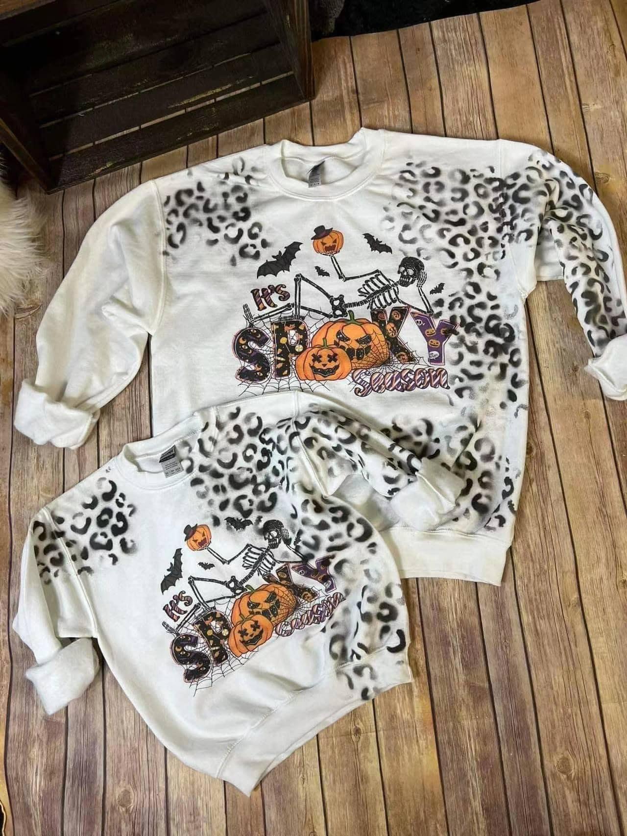 Family Kids BT0065 Halloween Pumpkin Spooky Bat Ghost Black Leopard Girls Long Sleeve Top T-shirts