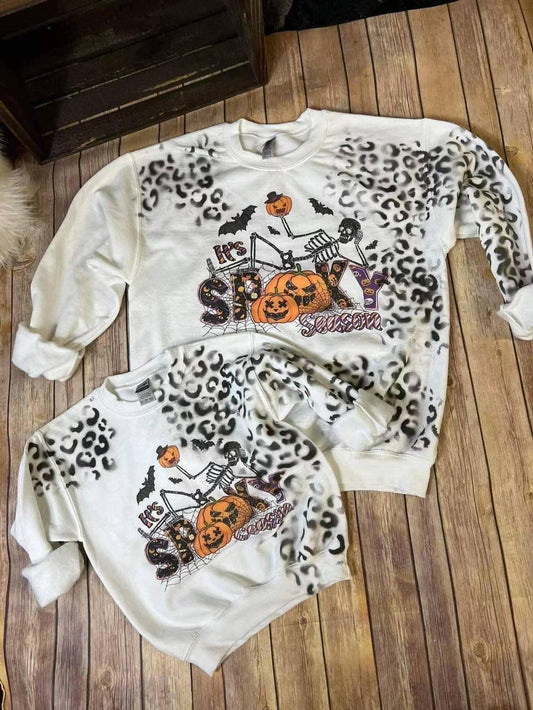 Family Adult BT0064 Halloween Pumpkin Spooky Bat Ghost Black Leopard Girls Long Sleeve Top T-shirts