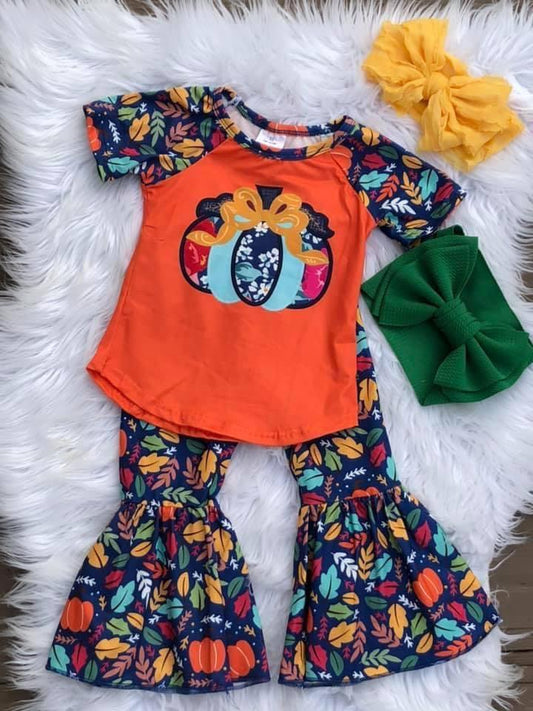 Clearance E1-3 Halloween Pumpkin Floral Orange Blue Girls Short Sleeve Bell Bottom Pants Outfits