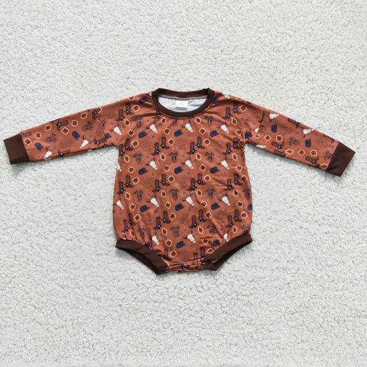 LR0225 Brown Highland Cow Head Western Hat Boots Cowboy Girls Long Sleeve Romper