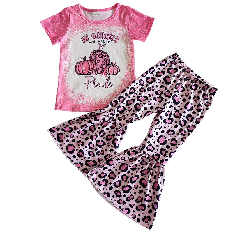 D2-29 Halloween Pink Pumpkin Leopard Girls Short Sleeve Bell Bottom Pants Outfits