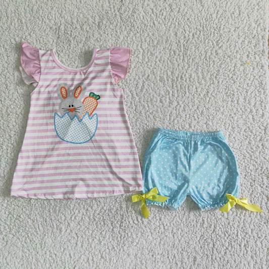 Clearance C0-28 Easter Rabbits Pink Striped Blue Girls Short Sleeve Shorts Outfits