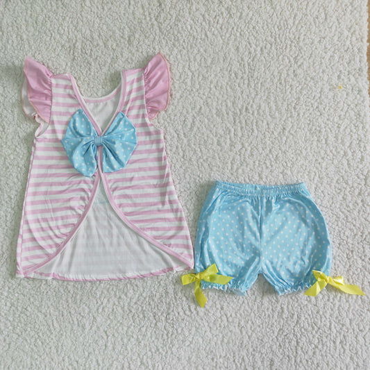 Clearance C0-28 Easter Rabbits Pink Striped Blue Girls Short Sleeve Shorts Outfits