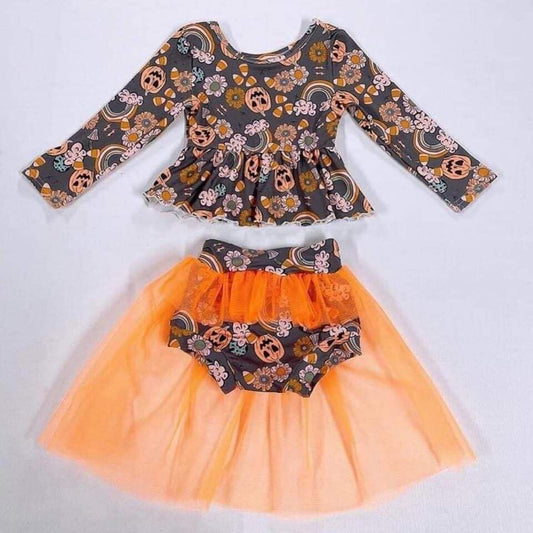 Clearance 6 C8-1 Halloween Pumpkin Orange Tulle Tutu Dresses Skirt Girls Long Sleeve Bummies Outfits