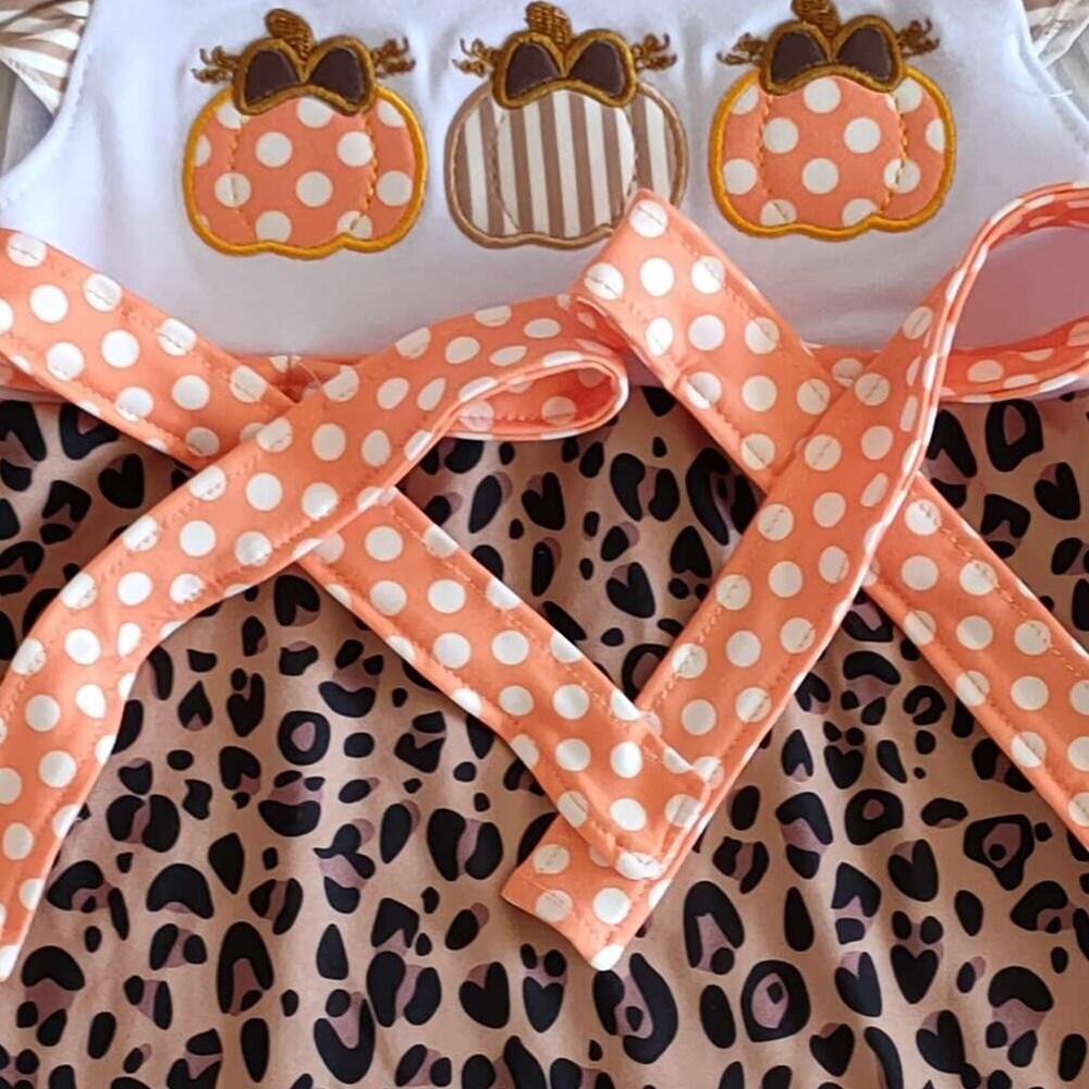 D1-15 Pumpkin Embroidery Leopard Girls Flutter Sleeve Romper