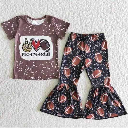 B5-16 Brown Peace Love Football Girls Short Sleeve Bell Bottom Pants Outfits