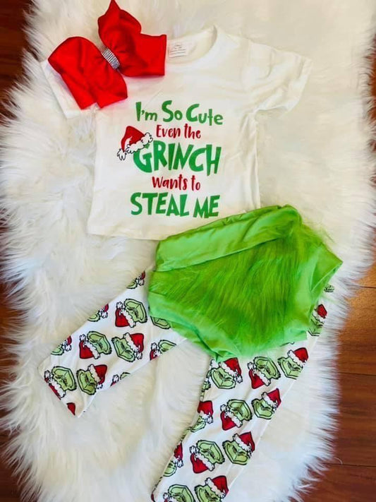 GSPO0100   D4-1 A3-14 D4-2 Christmas Green Cartoon 3pcs Bummies Girls Short Sleeve Pants Outfits