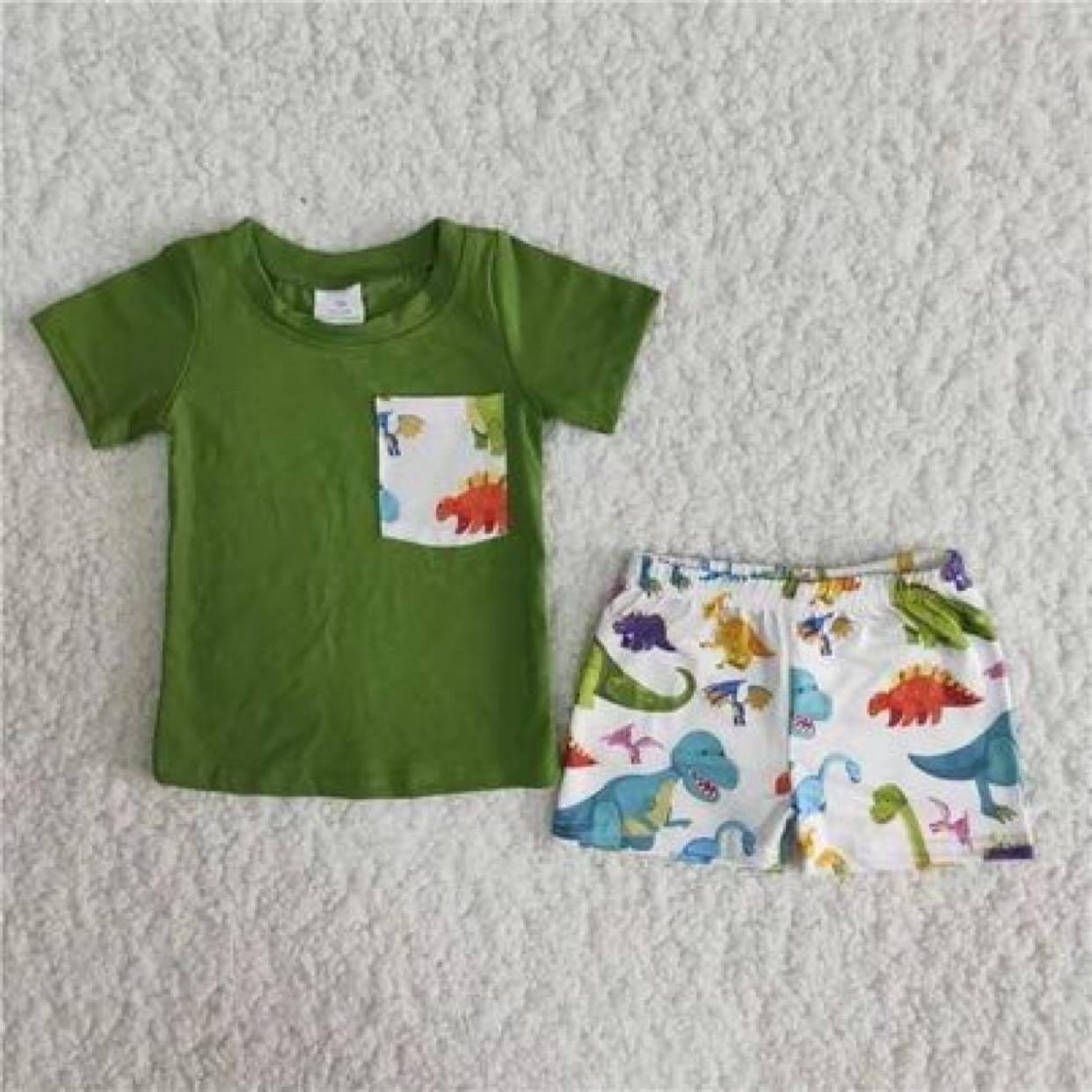 promotion RTS A16-12 Green Dinosaur Cartoon Pocket Boys Short Sleeve Shorts Outfits