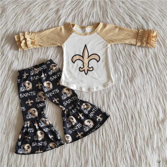 6 A23-14 Yellow Black Football Teams Girls Short Sleeve Bell Bottom Pants Outfits