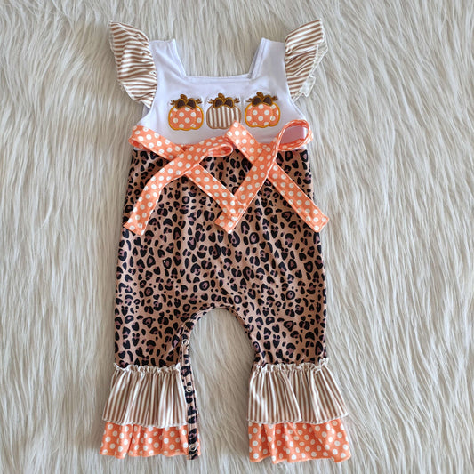 D1-15 Pumpkin Embroidery Leopard Girls Flutter Sleeve Romper