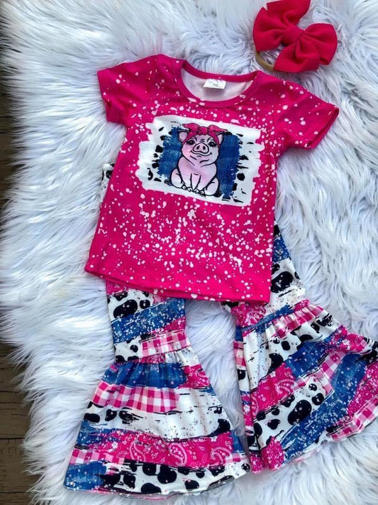 promotion RTS E3-29 Hot Pink Pig Girls Short Sleeve Bell Bottom Pants Outfits