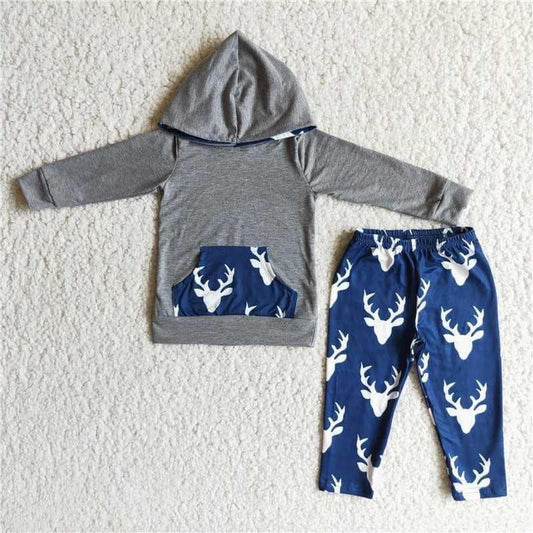 Clearance 6 A15-11 Christmas Blue Deer Grey Boys Long Sleeve Hoodies Outfits