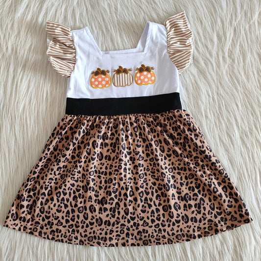 C6-16 Halloween Pumpkin Embroidery Leopard Girls Flutter Sleeve Dresses