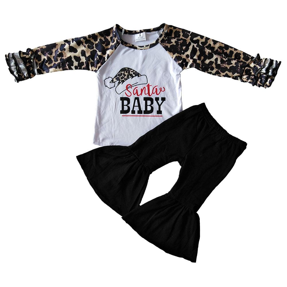 Clearance 6 A17-30 Christmas Santa Baby Leopard Print Girls Short Sleeve Bell Bottom Pants Outfits