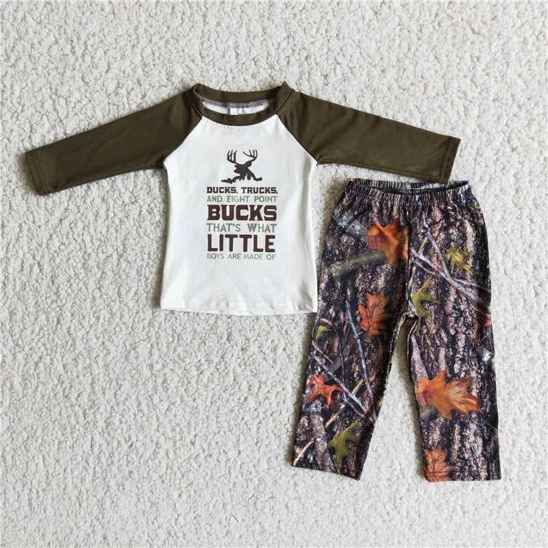 Clearance 6 A15-15 Green Camo Deer Leaves Boys Long Sleeve Bell Bottom Pants Outfits