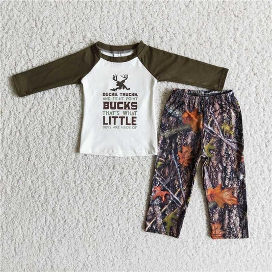Clearance 6 A15-15 Green Camo Deer Leaves Boys Long Sleeve Bell Bottom Pants Outfits