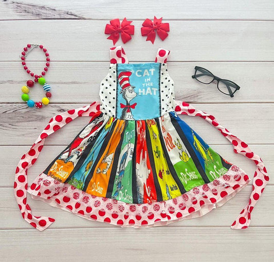 Clearance A12-22 Red Blue Cat Hat Cartoon Girls Belt Patchwork Sleeveless Dresses