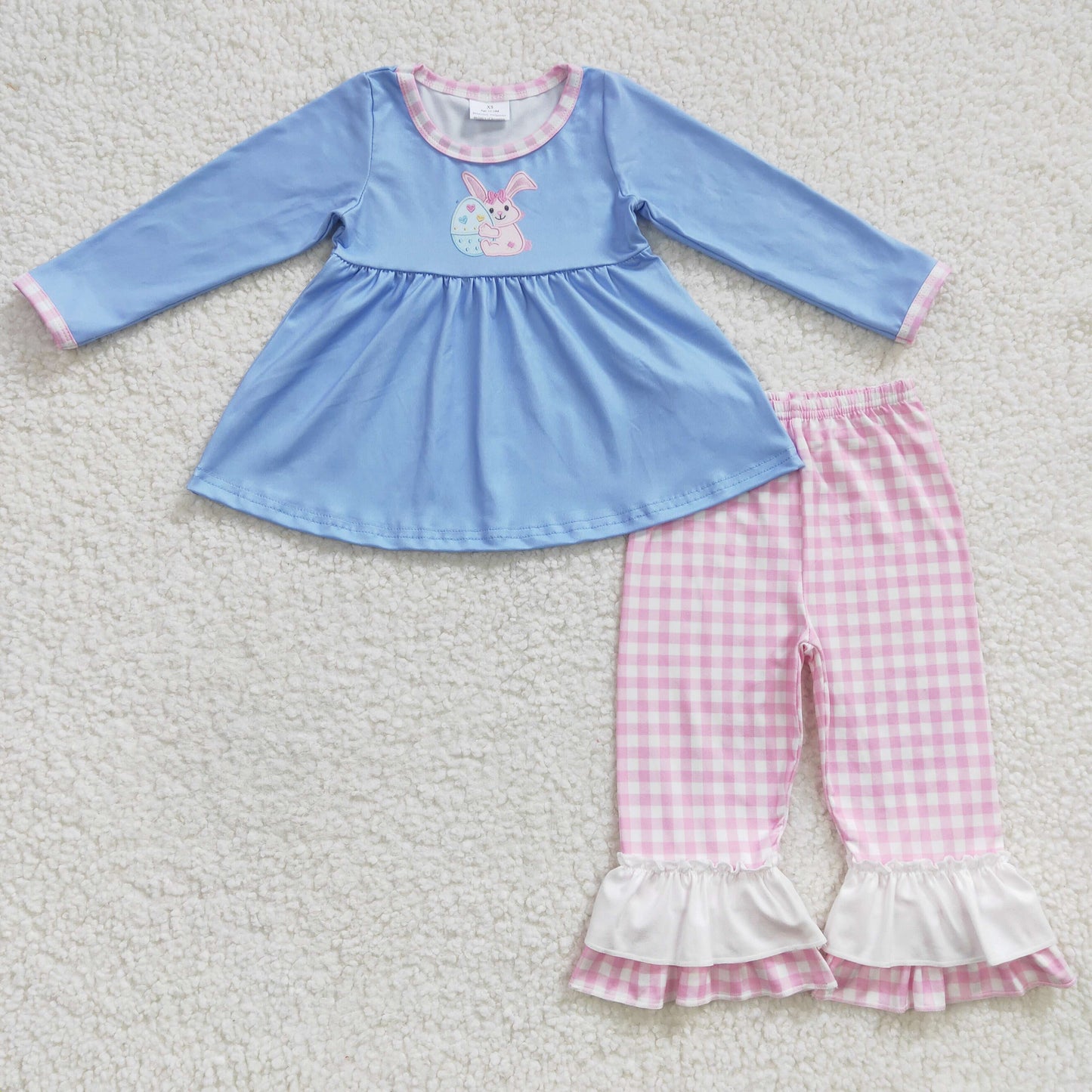 GLP0393 Blue Pink Plaid Easter Rabbit Egg Embroidery Tunic Girls Long Sleeve Pants Outfits