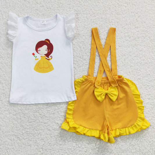 A10-15 Yellow Cartoon Princess Overall Girls Short Sleeve Shorts Outfits