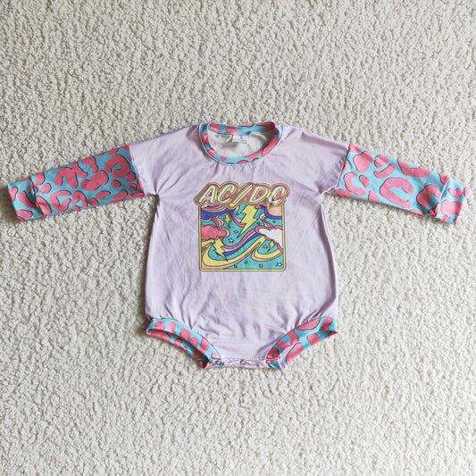 LR0053 Pink Blue Leopard Music Band Singer Cartoon Girls Long Sleeve Romper