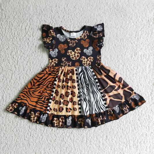 D8-30 Leopard M Cartoon Patchwork Girls Flutter Sleeve Dresses