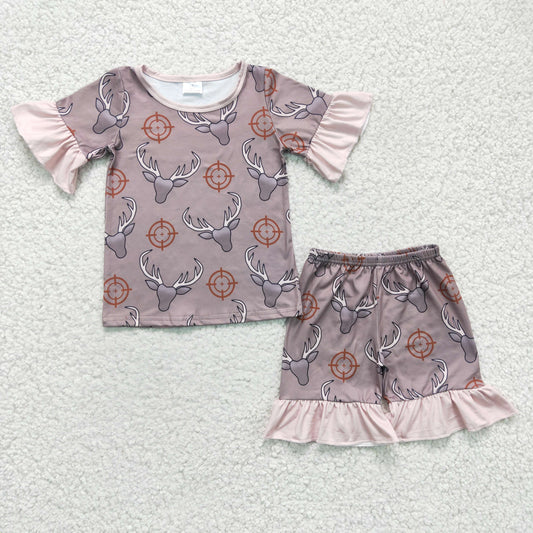 GSSO0138 Brown Highland Cow Deer Girls Short Sleeve Shorts Outfits