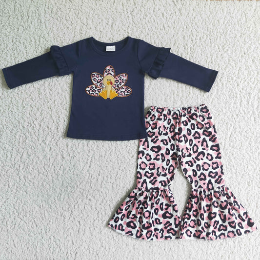 GLP0061 Thanksgiving Turkey Leopard Blue Embroidery Girls Long Sleeve Bell Bottom Pants Outfits