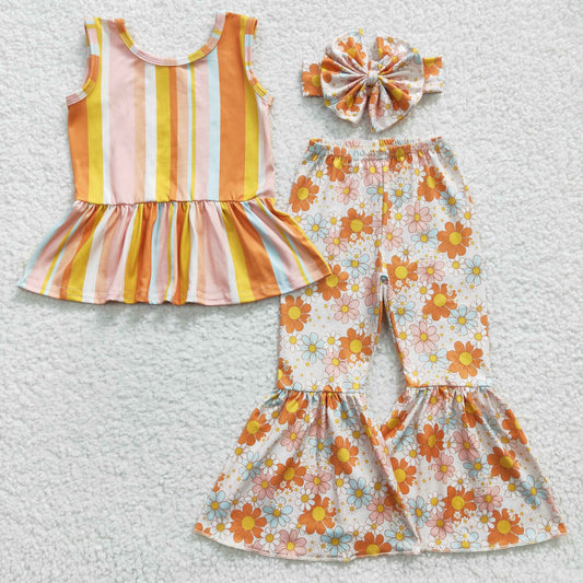 GSPO0509 Orange Floral Yellow With Bow Headband 3pcs Girls Short Sleeve Bell Bottom Pants Outfits