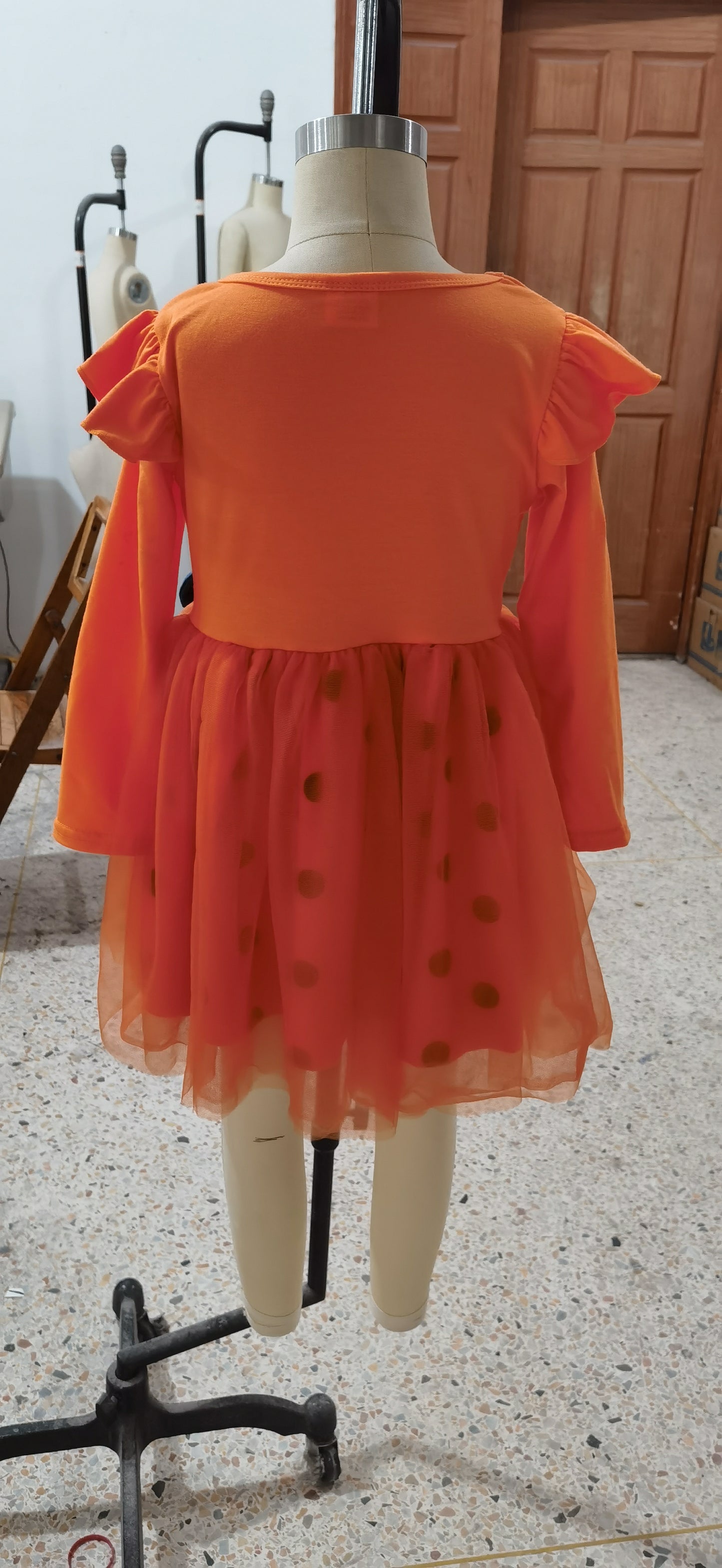 GLD0019 Halloween Pumpkin Cartoon Orange Tulle Tutu Girls Long Sleeve Dresses