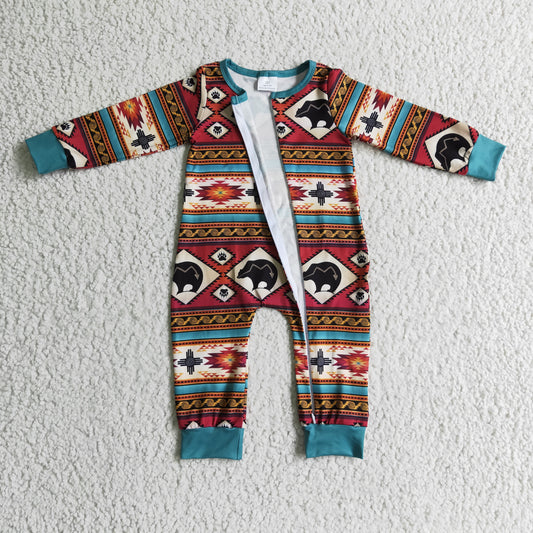 LR0183 Blue Bear Stripes Western Print Zipper Girls Long Sleeve Romper