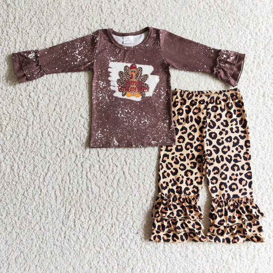 6 C9-40 Thanksgiving Turkey Brown Bleach  Leopard Girls Long Sleeve Pants Outfits