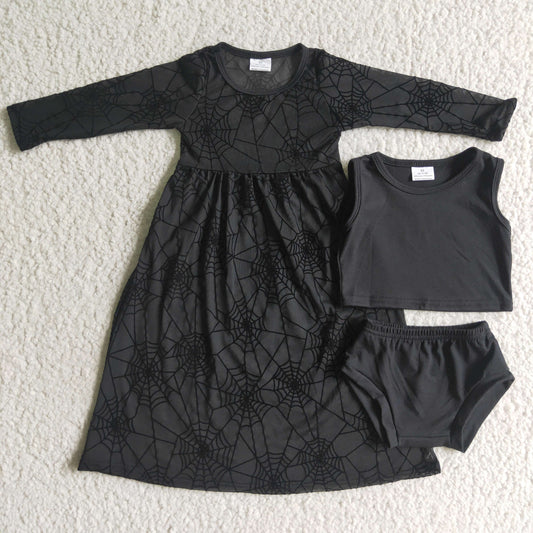 GBO0059 Black Lace Black Outfits 3pcs Girls Long Sleeve Dresses Short Sleeve Bummies Outfits