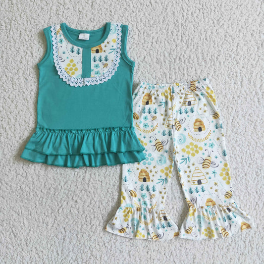 Clearance A8-12 Green Yellow Bee Lace Ruffles Girls Sleeveless Pants Outfits