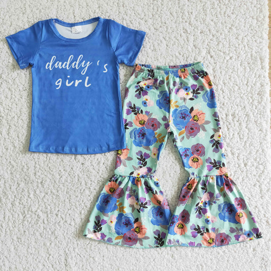 E2-4 Blue Daddy's Floral Girls Short Sleeve Bell Bottom Pants Outfits