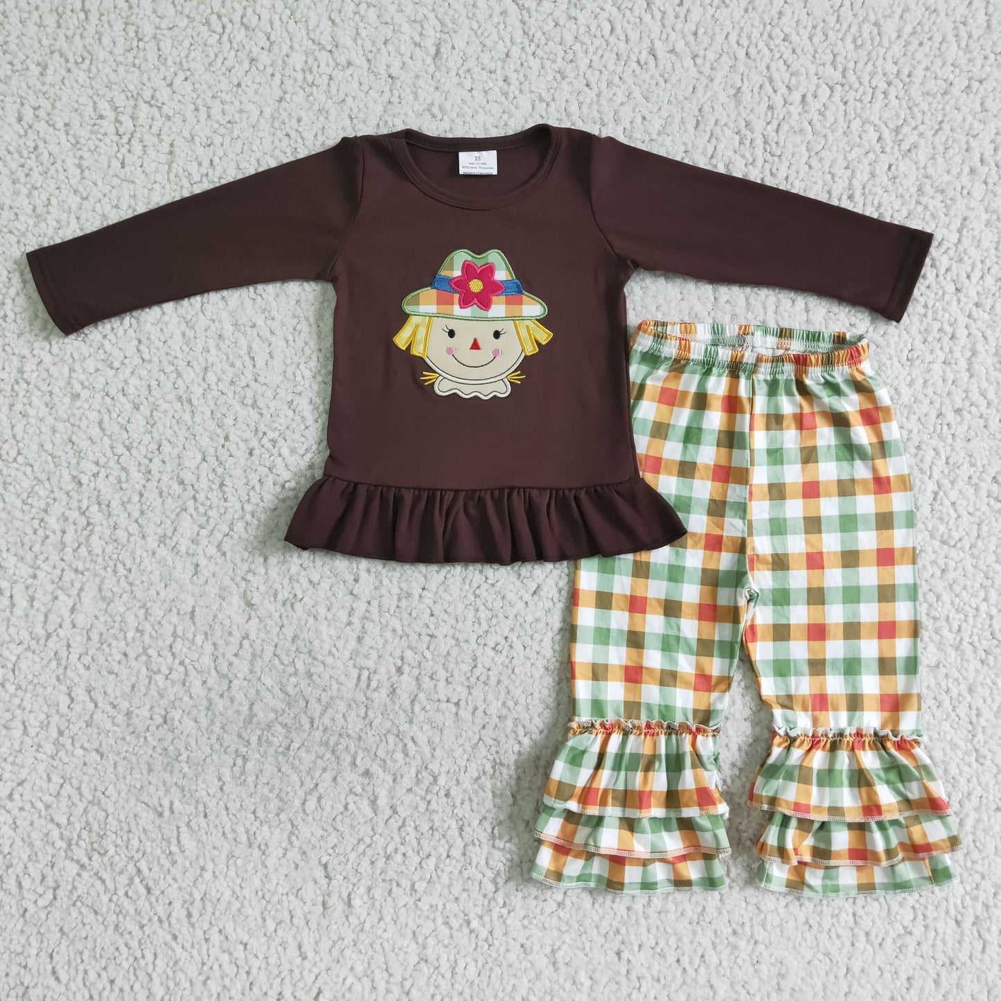 GLP0058 Brown Plaid Scarecrow Embroidery Girls Long Sleeve Bell Bottom Pants Outfits