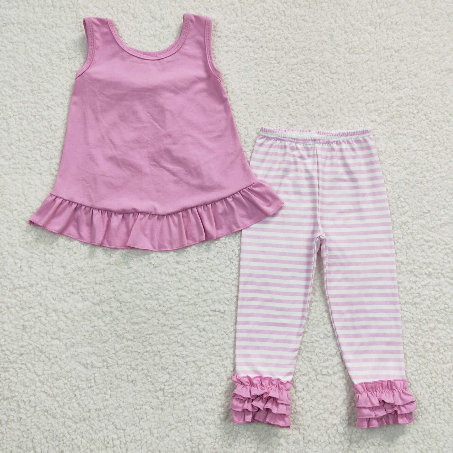GSPO0507 Pink Stripes Bow   Girls Short Sleeve Bell Bottom Pants Outfits