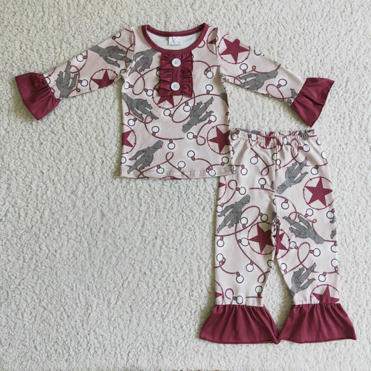 GLP0292 Red Starts Cactus Western Cowboy Girls Long Sleeve Pants Outfits Pajamas